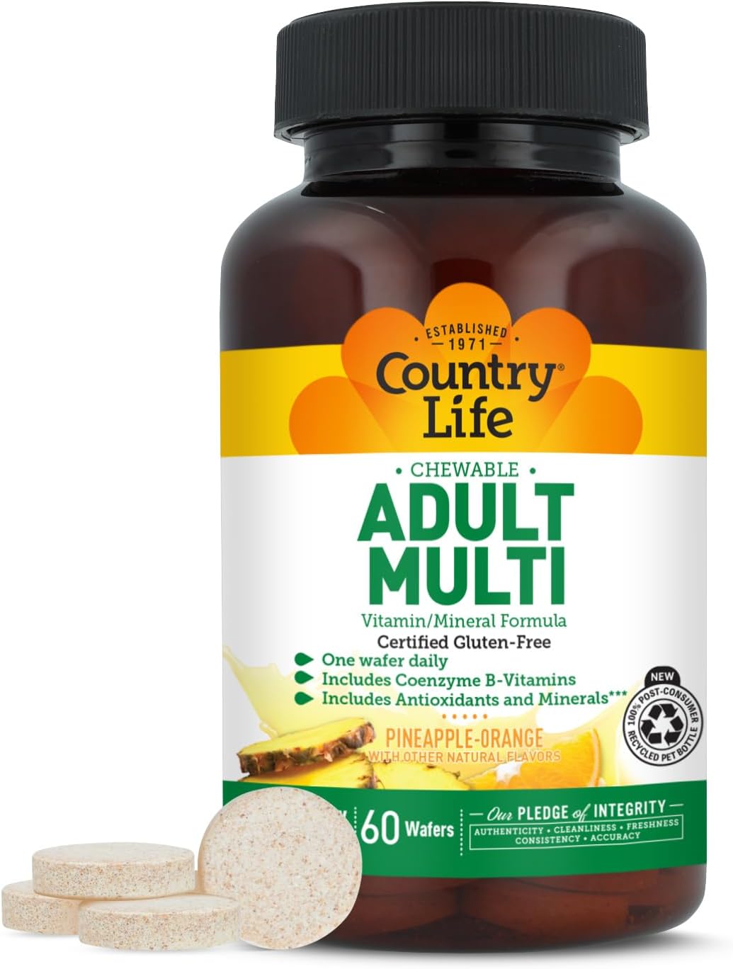 Country Life Multivitamínico Masticable Adultos con Vitaminas B Coenzimáticas, Antioxidantes y Minerales - Sabor Piña-Naranja - 60 Wafers