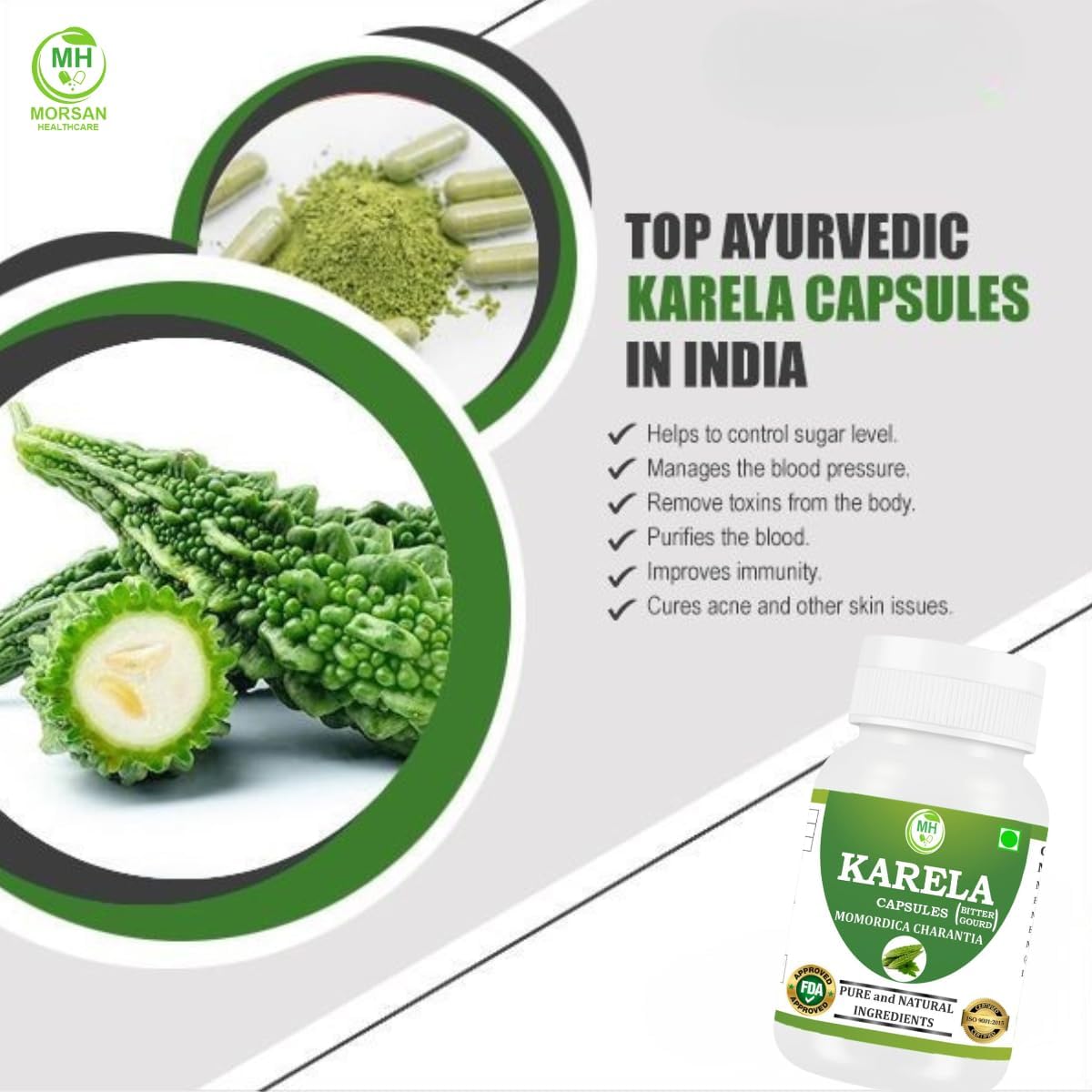 Morsan Healthcare Karela Cápsulas – 500 mg | 60 Cápsulas Vegetales | Extracto Puro de Momordica charantia | Suplemento Herbal Ayurvédico
