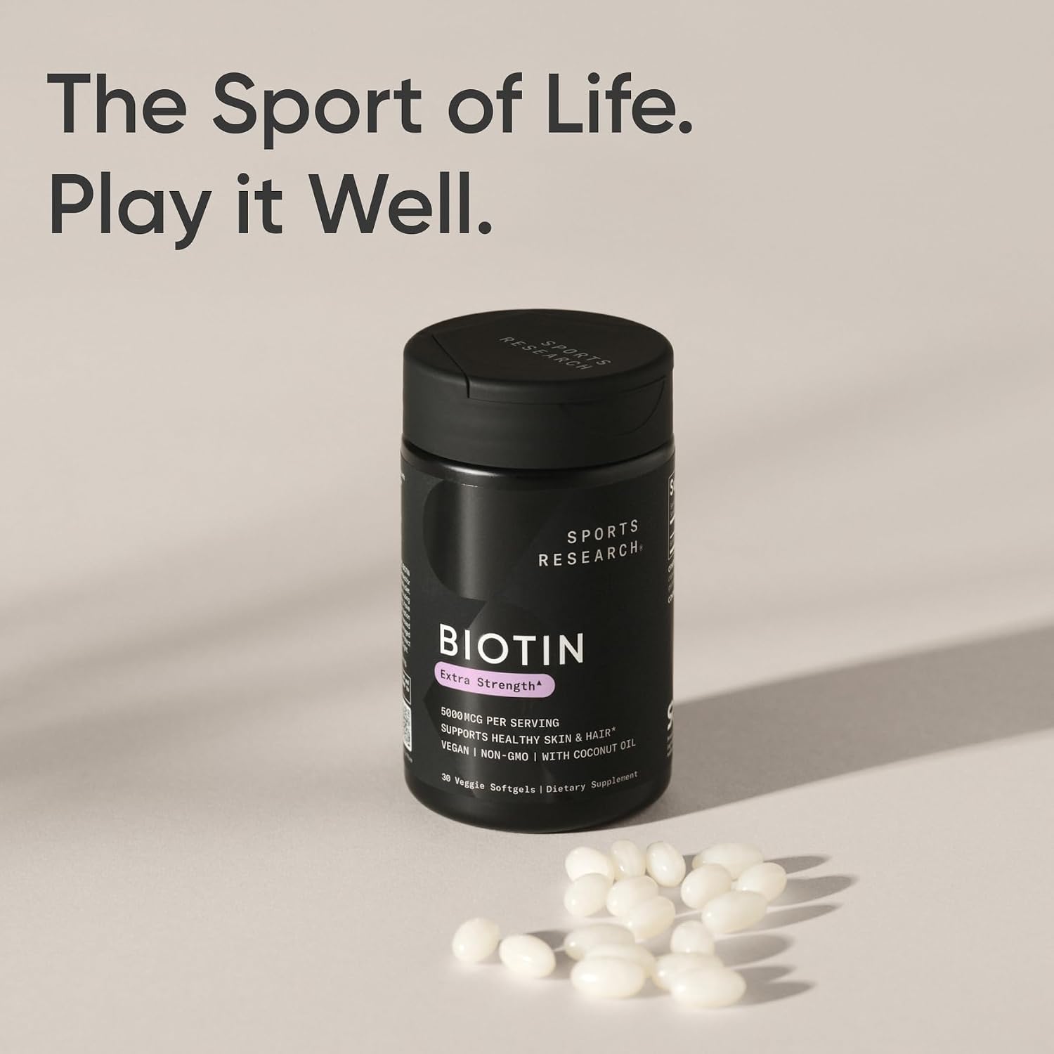 Sports Research® Biotina 5000mcg con Aceite de Coco Orgánico - 30 Cápsulas Blandas Vegetales