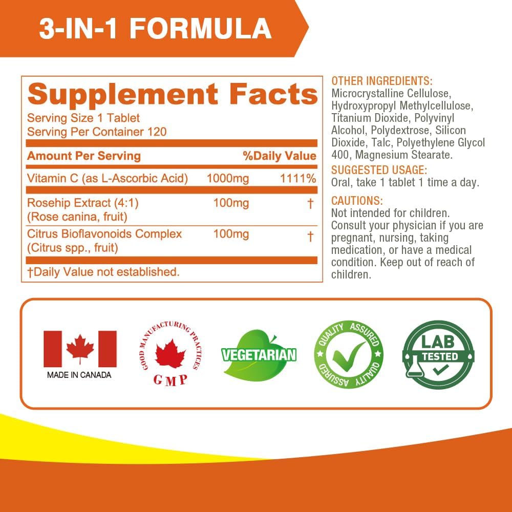 LOVITA Vitamina C 1000 mg con Bioflavonoides Cítricos y Escaramujo, Liberación Prolongada, 120 Comprimidos Veganos