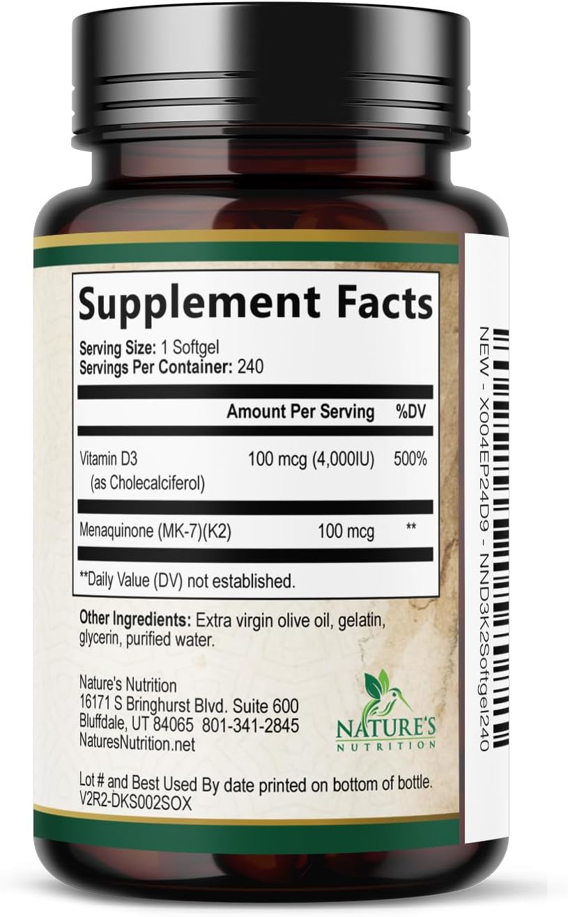 Vitamina D3 4000 UI + K2 (MK-7) 100 mcg - Suplemento 2 en 1 para Huesos, Corazón e Inmunidad - 240 Cápsulas Blandas