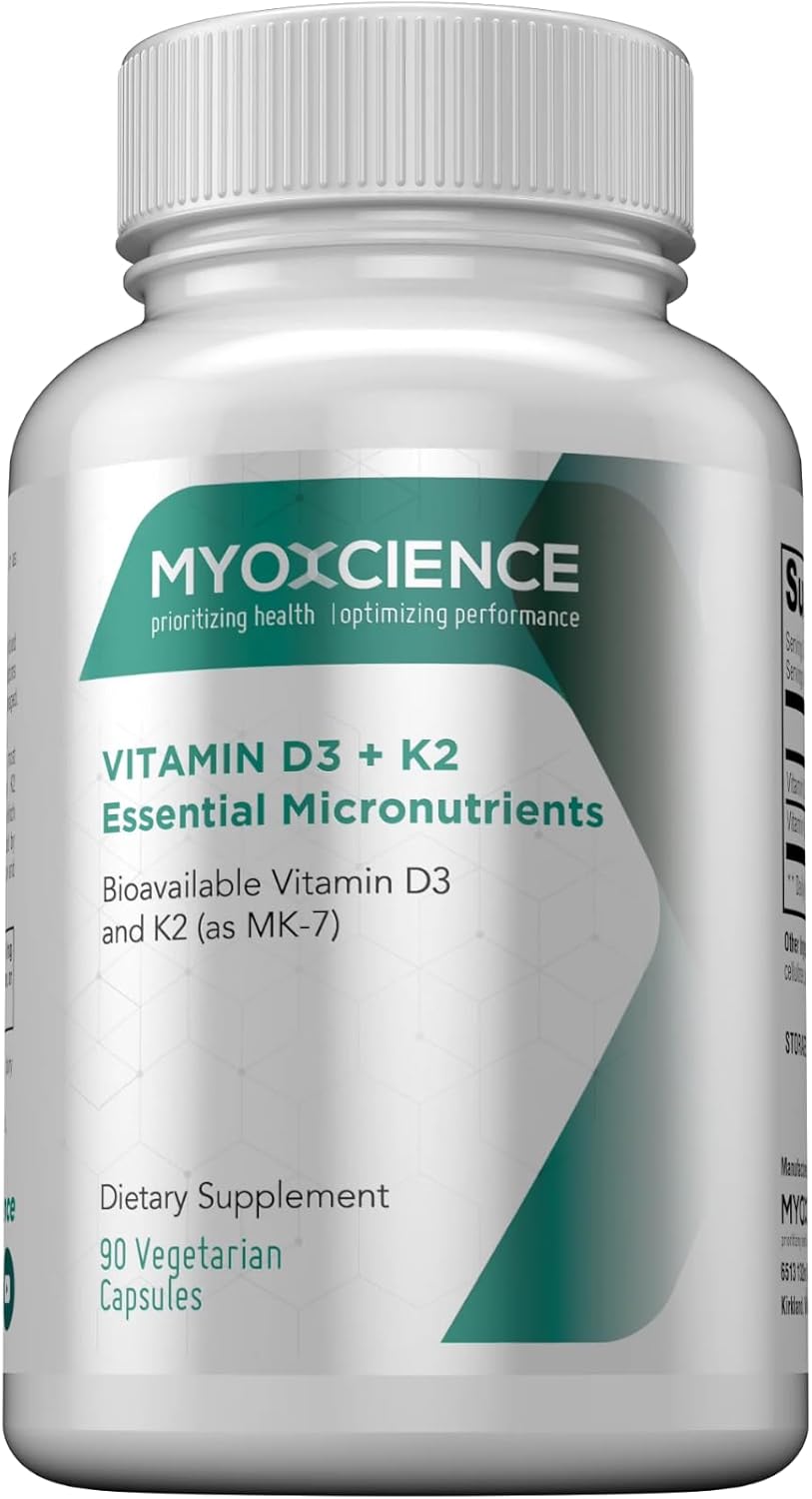 MYOXCIENCE Vitamina D3 + K2 Micronutrientes Esenciales | 6000 UI D3 + 150 mcg K2 MK-7 | 90 Cápsulas Vegetales