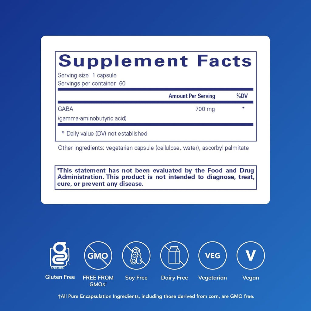 Pure Encapsulations GABA - 60 Cápsulas - Suplemento de Aminoácidos para la Relajación