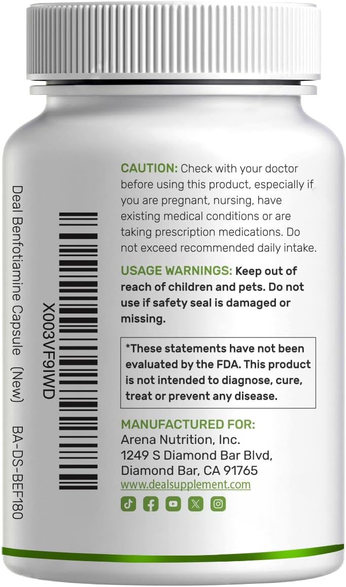 Benfotiamina 600mg por Dosis, 180 Cápsulas Vegetales – Vitamina B1 Liposoluble – Vegano, Sin Gluten, No GMO