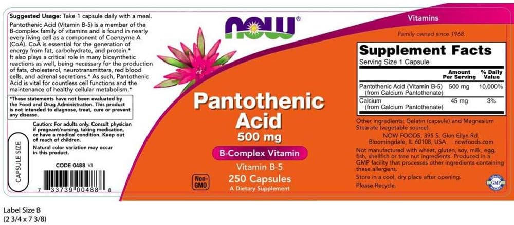 Now Foods Ácido Pantoténico 500 mg, 250 Cápsulas (2 Pack)