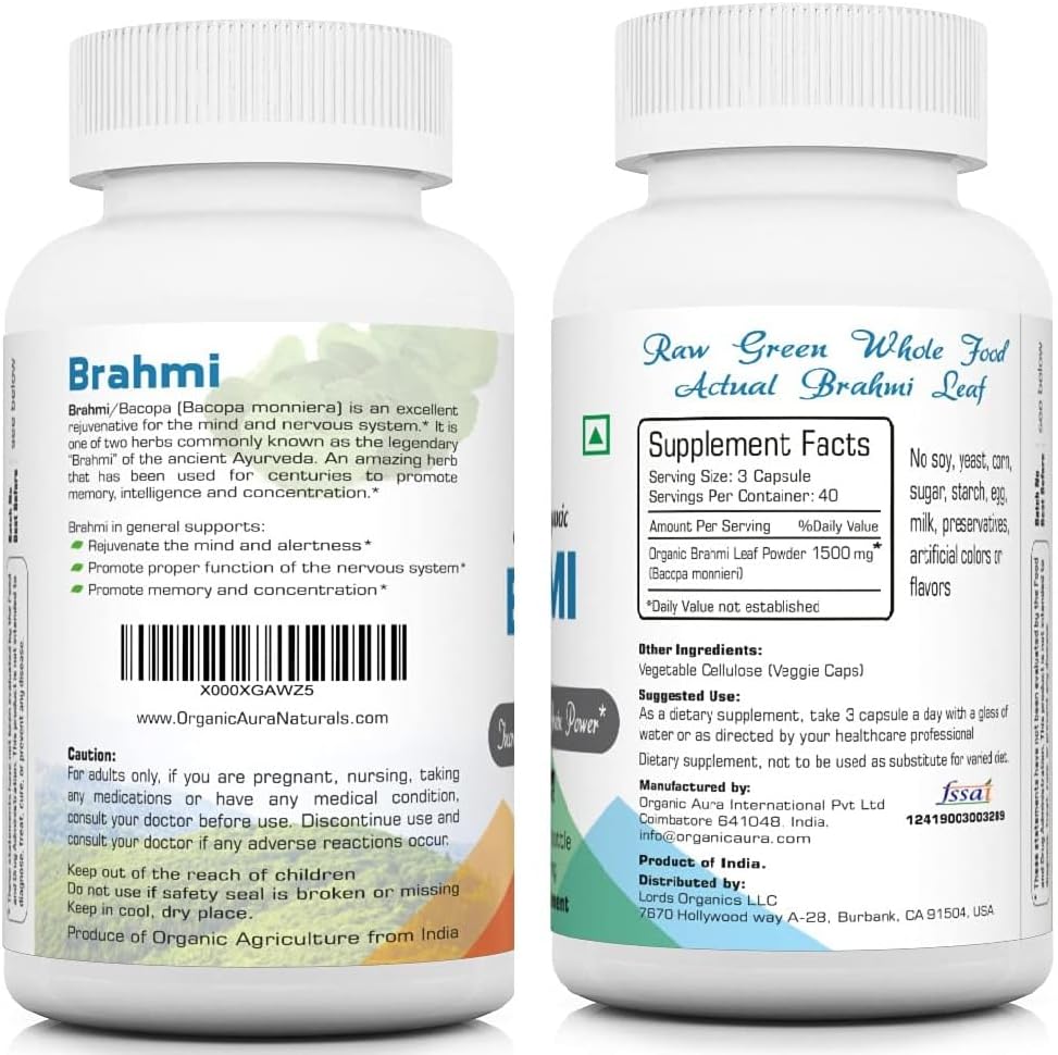 Organic Aura Cápsulas de Brahmi - 120 uds.