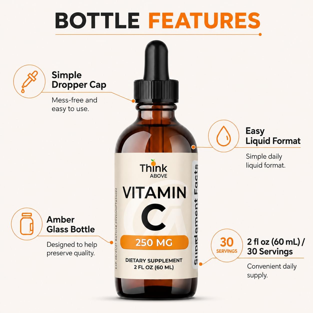 Think Above Vitamina C Líquida, 250 mg por Dosis, Ácido Ascórbico (L-ascórbico), 30 Dosis, 60 ml