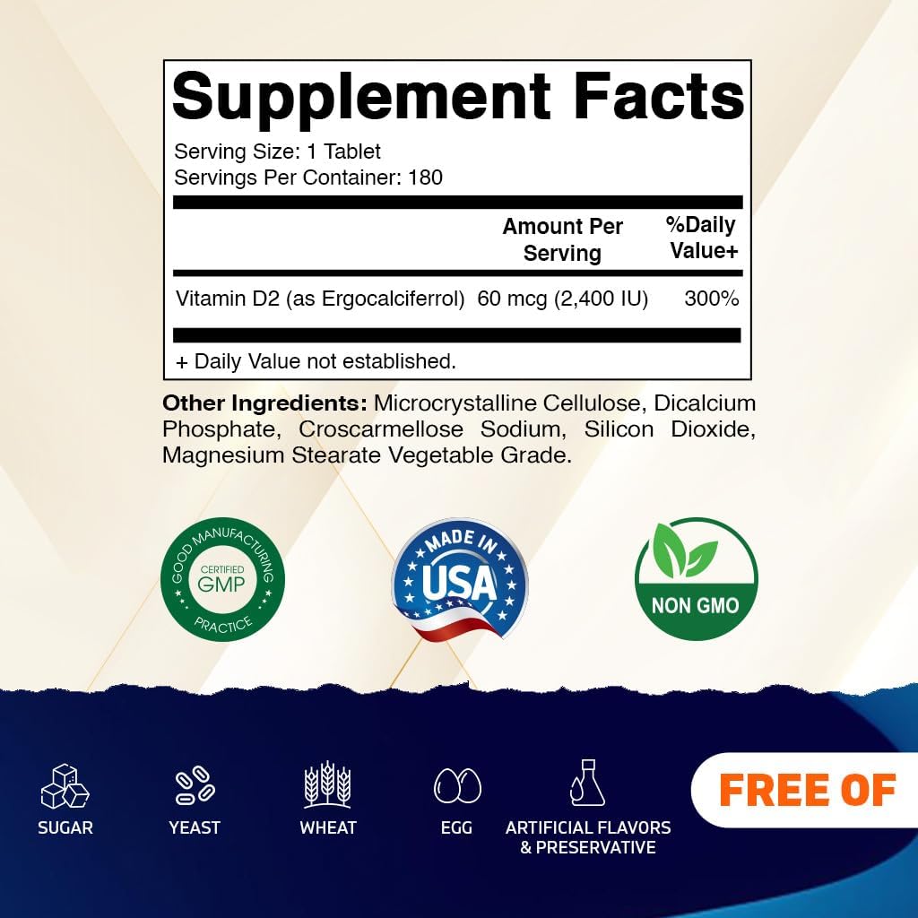 Vitamatic Vitamina D2 2400 IU (60 mcg) – Suplemento Vegano para Huesos e Inmunidad – 180 Comprimidos