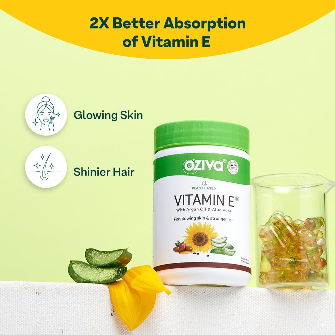 OZiva Vitamina E 100% Natural de Origen Vegetal con Aloe Vera y Aceite de Argán, 30 Cápsulas Veganas, no Transgénico