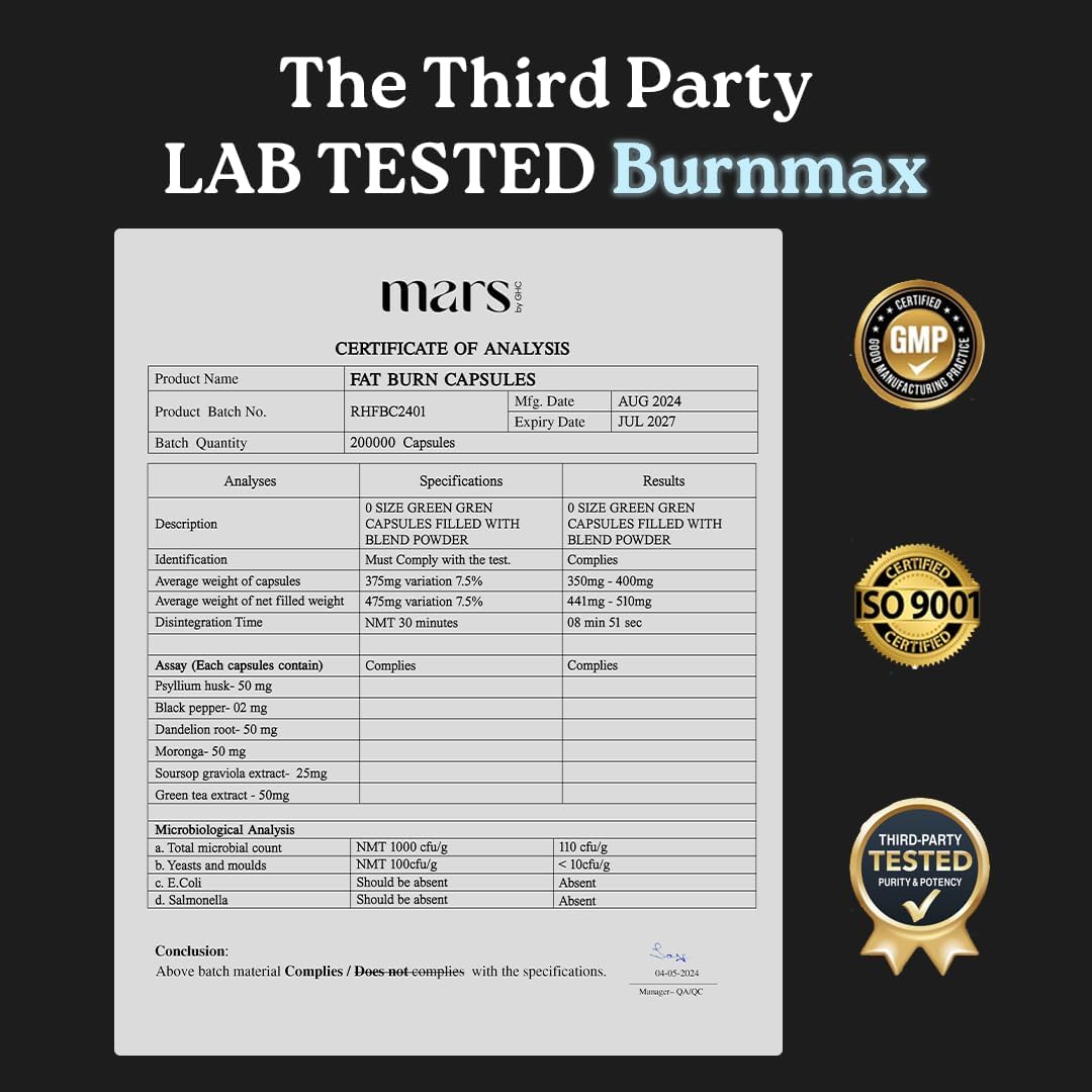 mars by GHC BurnMax Cápsulas con Psyllium Husk, Té Verde, Moringa y Diente de León - Fórmula de Alta Fibra, Pack de 2