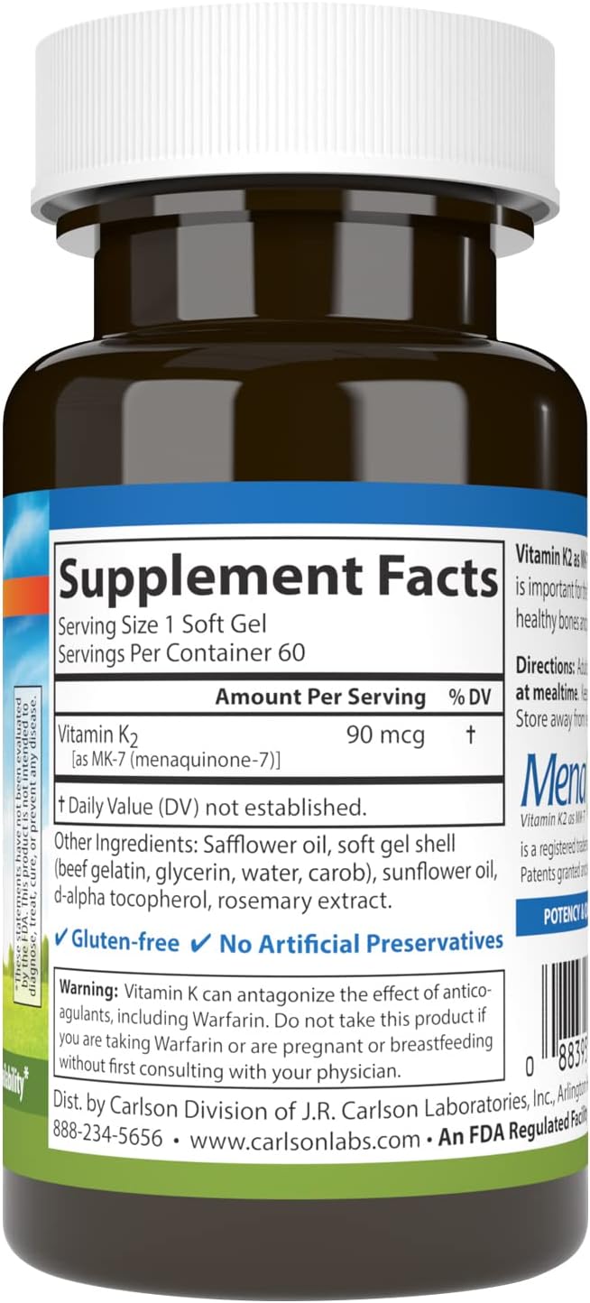 Carlson - Vitamina K2 MK-7 (Menaquinona), 90 mcg, Soporte Óseo, Biodisponibilidad del Calcio, Vitamina K-2, 60 Cápsulas Blandas