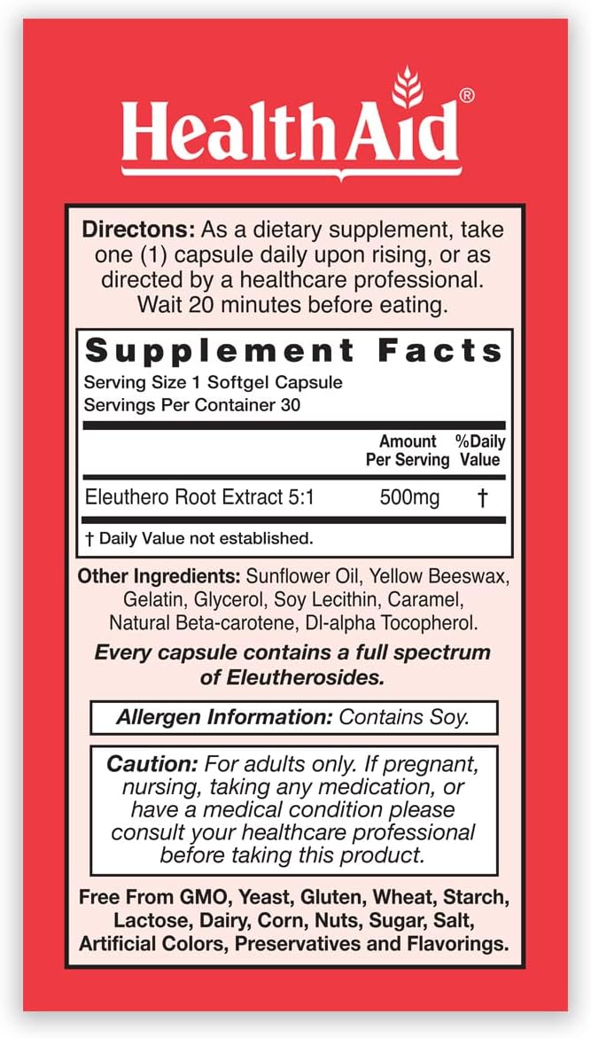 HealthAid Sibergin Siberian Eleuthero (Eleutherococcus senticosus) – Adaptógeno Natural – 30 Cápsulas Blandas