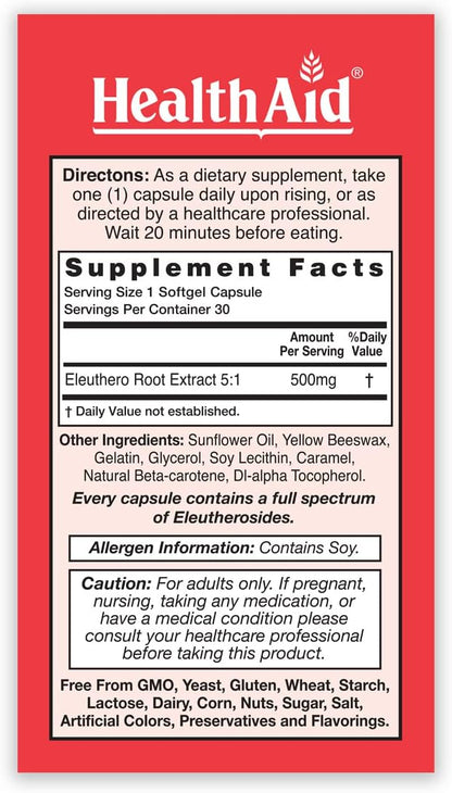 HealthAid Sibergin Siberian Eleuthero (Eleutherococcus senticosus) – Adaptógeno Natural – 30 Cápsulas Blandas – Image 3