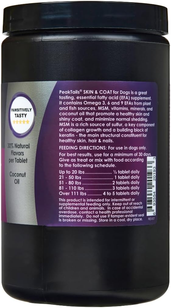 Kala Health PeakTails Skin & Coat Support para Perros – 150 Comprimidos Masticables con MSM, Aceite de Pescado, Omega-3 y Omega-6
