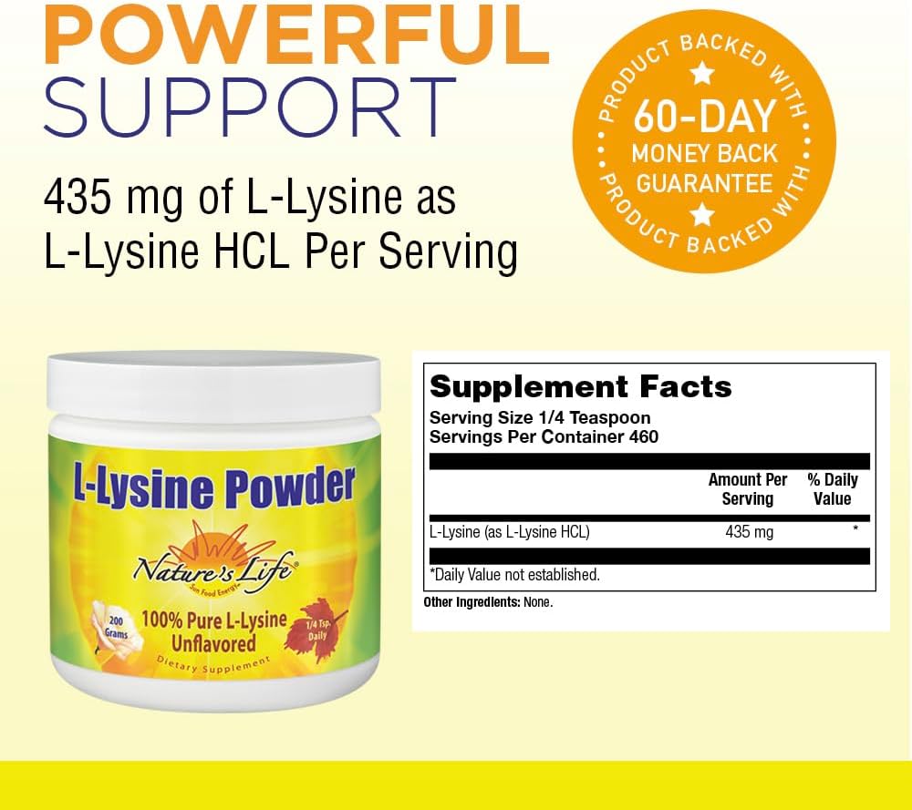Nature's Life L-Lisina en Polvo | Ayuda a Apoyar la Función Inmunológica | 100% Pura Natural | 435 mg por Ración | 460 Raciones | Sin Sabor | Vegetariano