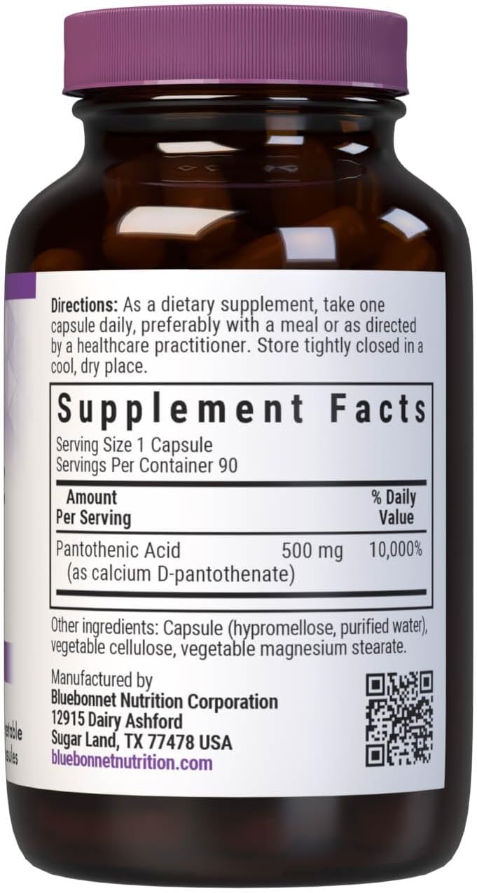 Bluebonnet Ácido Pantoténico 500 mg Cápsulas Vegetales, 90 Unidades