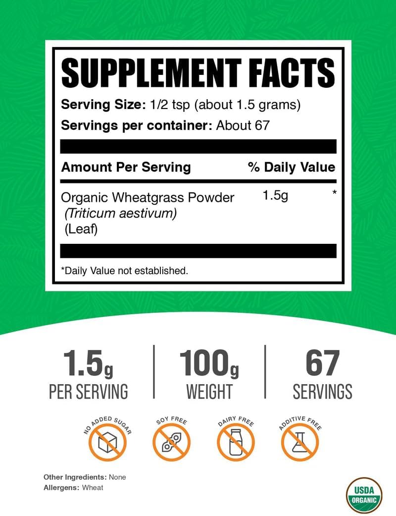 Polvo de Hierba de Trigo Orgánico - Superalimento en Polvo - Vegano y Sin Gluten - 100g (3.5 oz)
