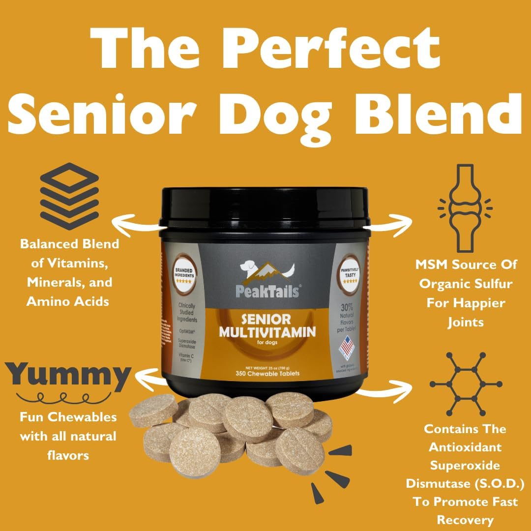 PeakTails Senior Multivitamin para Perros – 350 Comprimidos Masticables con MSM y Superóxido Dismutasa