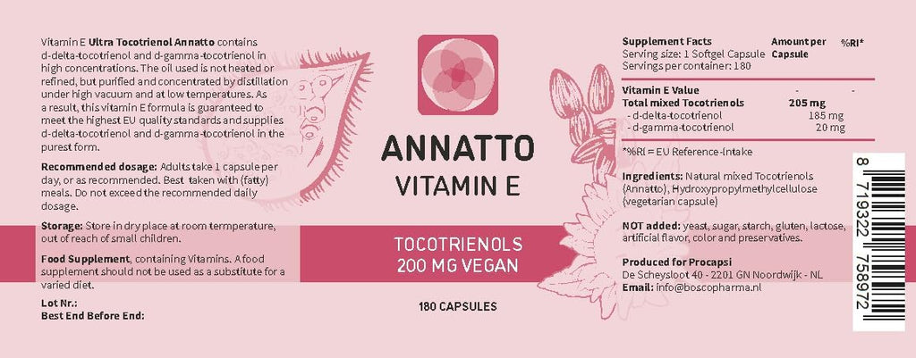 Annatto Tocotrienols - Suplemento Vegano de Vitamina E, 200mg, 180 Cápsulas