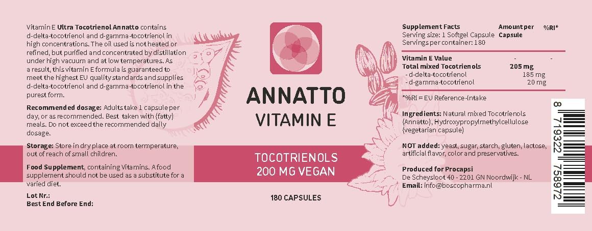 Annatto Tocotrienols - Suplemento Vegano de Vitamina E, 200mg, 180 Cápsulas