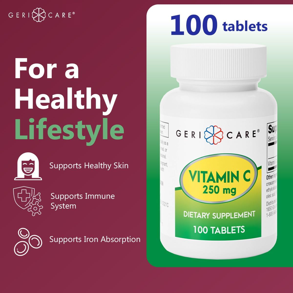 GeriCare Vitamina C 250 mg, 100 cápsulas - Suplemento Nutricional