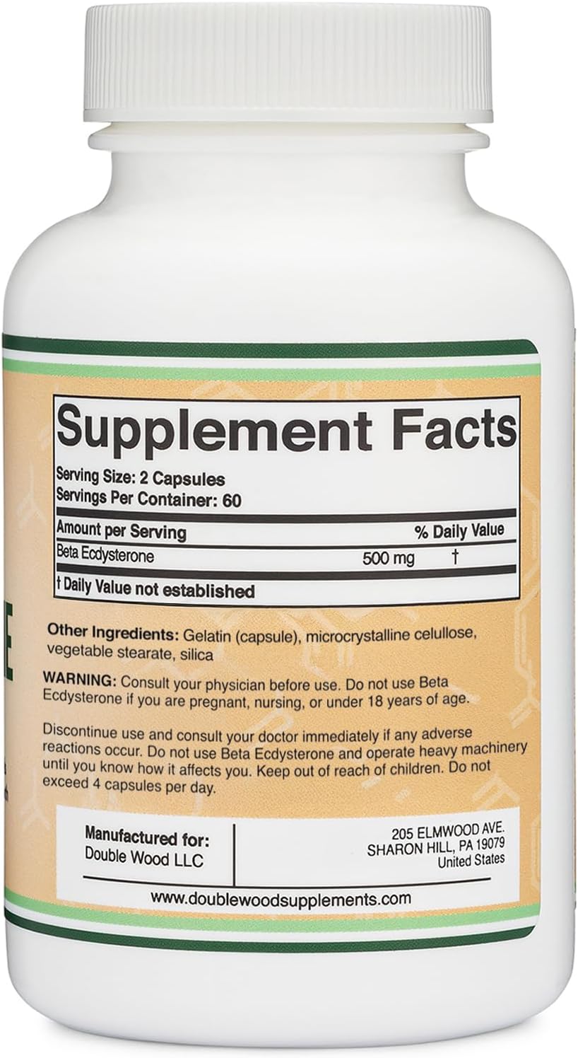 Beta Ecdysterona 500 mg por ración - 120 cápsulas - Suplemento vegetal para la salud masculina - Sin OGM y sin gluten - Double Wood