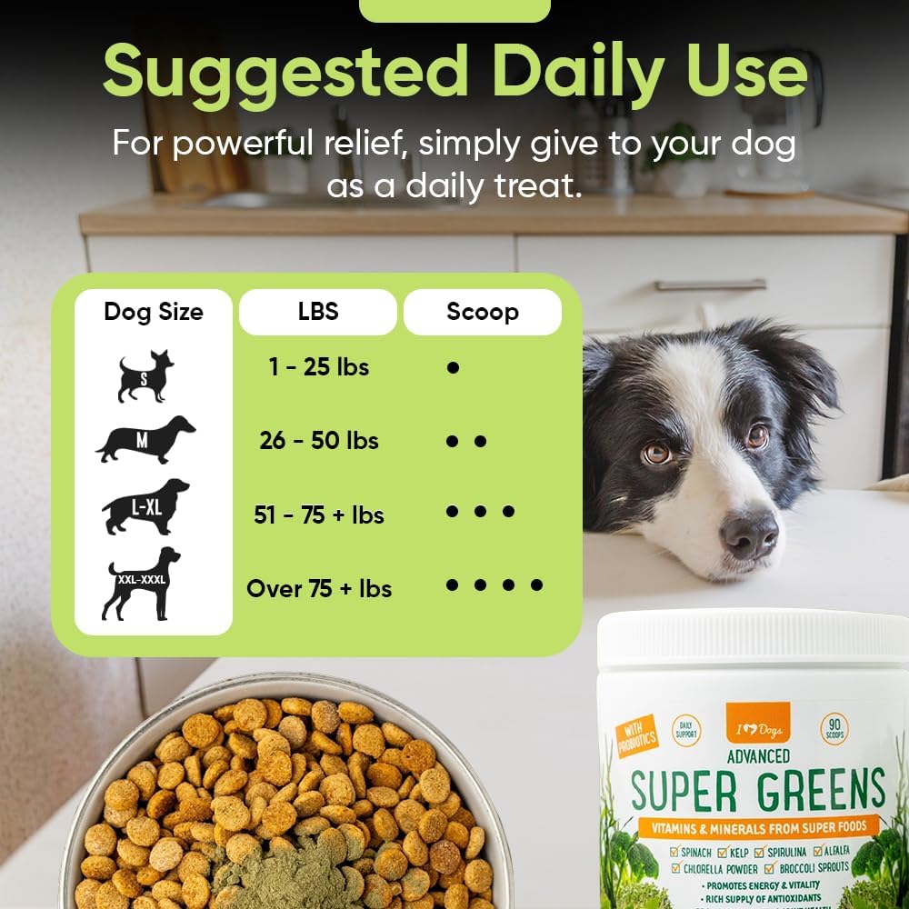 iHeartDogs Super Greens para Perros con Brotes de Brócoli y Espirulina - Polvo de Apoyo Inmunológico y Alergias Estacionales