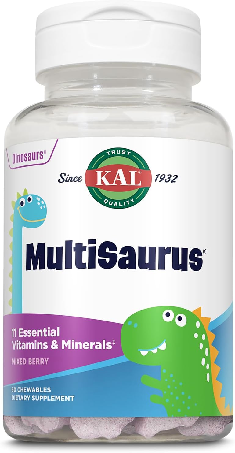KAL MultiSaurus Multivitamínico Infantil Masticable, 11 Vitaminas y Minerales, Sabor Bayas, 60 Comprimidos