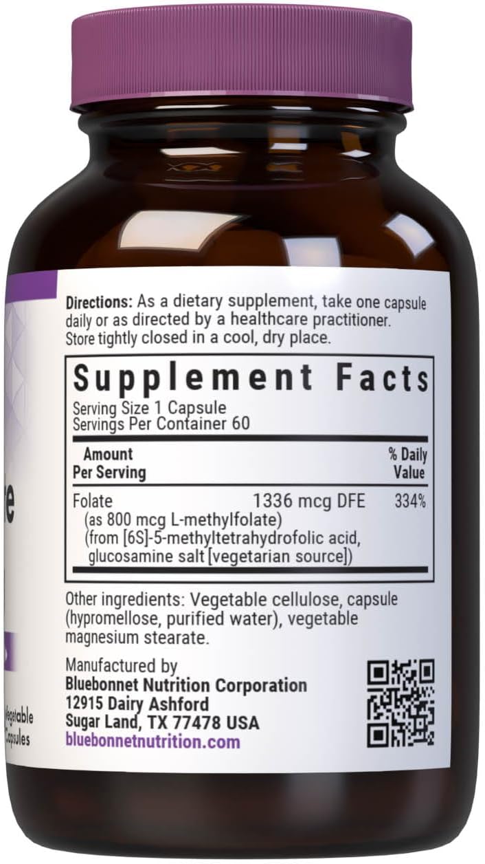 BlueBonnet Nutrition CellularActive Methylfolate 800 mcg – Quatrefolic – Apoyo Prenatal, Energía y Estado de Ánimo – 60 Cápsulas