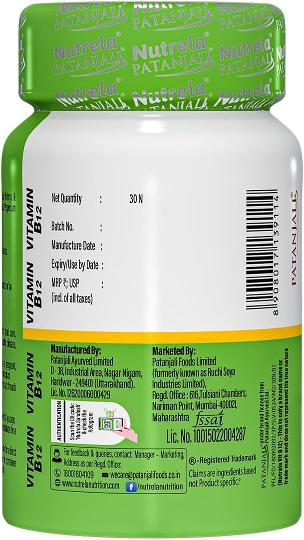 Nutrela Patanjali Vitamina B12 Biofermentada de Origen Vegetal con Moringa y Aloe Vera - 30 Cápsulas Vegetales (Pack de 2)