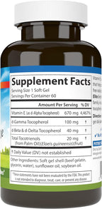 Carlson - E-Gems Elite, 1000 UI (670 mg) Vitamina E con Tocoferoles y Tocotrienoles, Bienestar Óptimo, 60 Cápsulas Blandas