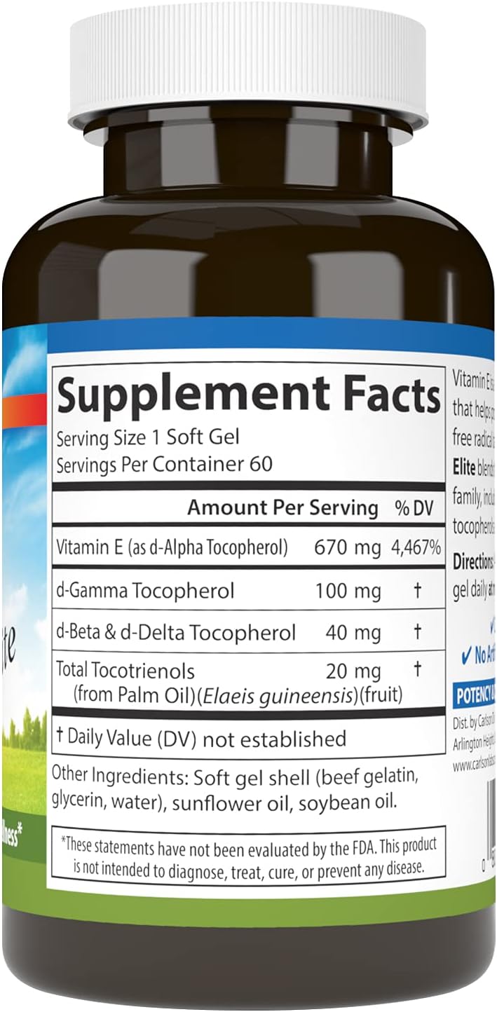Carlson - E-Gems Elite, 1000 UI (670 mg) Vitamina E con Tocoferoles y Tocotrienoles, Bienestar Óptimo, 60 Cápsulas Blandas