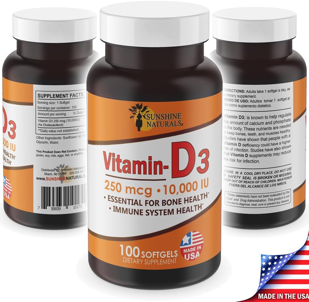 Sunshine Naturals Vitamina D3 10000 UI - 100 Cápsulas Blandas