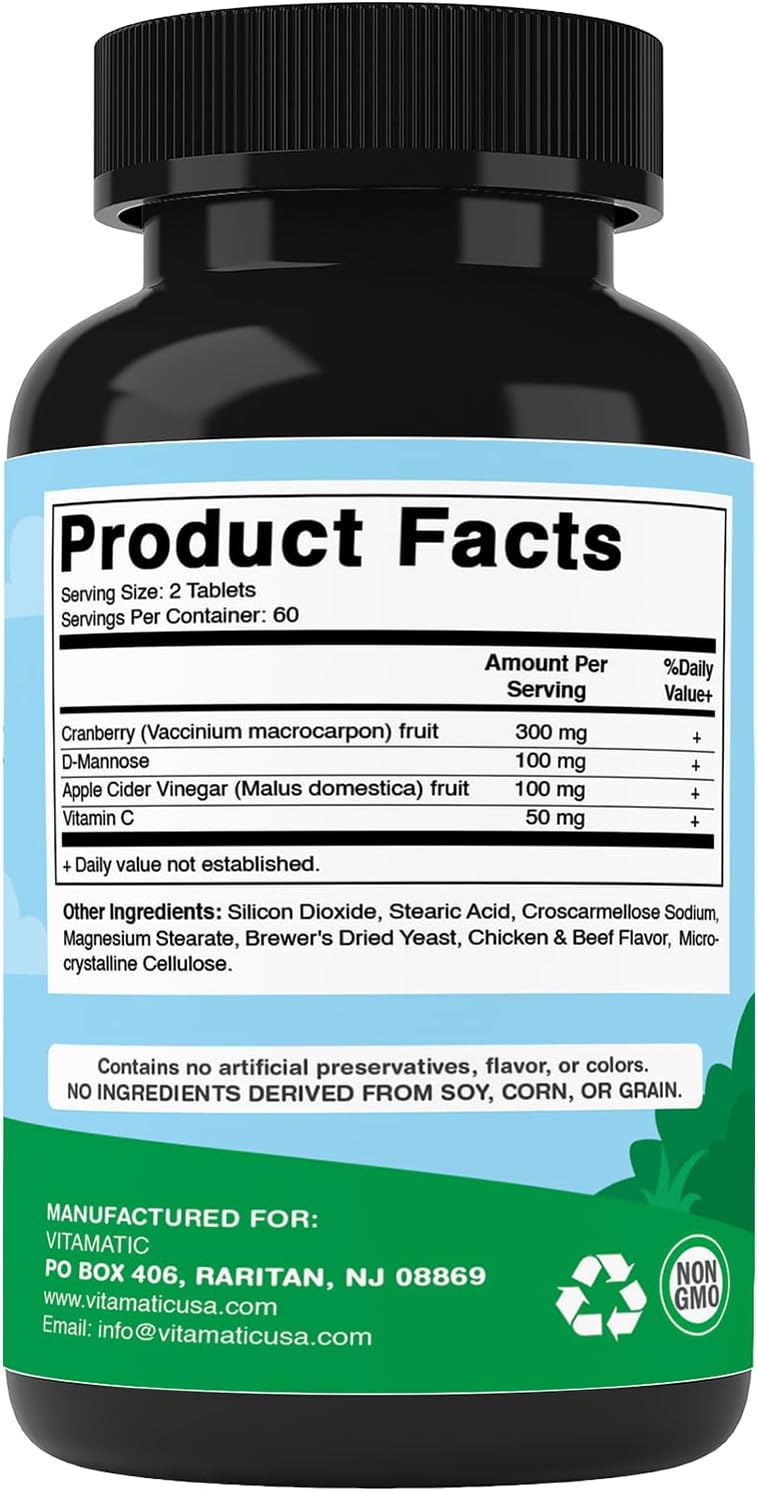 Vitamatic Cranberry para Perros – 120 Comprimidos Masticables – con D-Manosa, Vinagre de Manzana y Vitamina C – Apoyo para el Tracto Urinario y la Vejiga