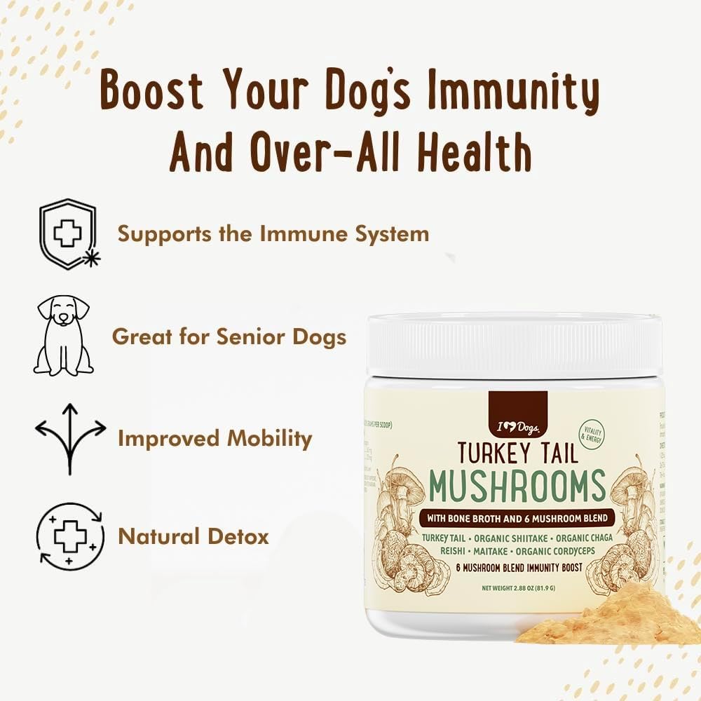 iHeartDogs Turkey Tail Mushroom para Perros - Polvo con Caldo de Huesos y Mezcla de 6 Hongos
