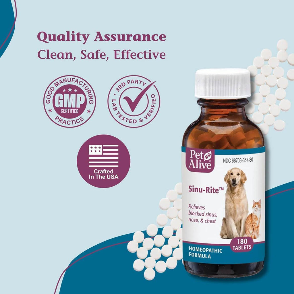 PetAlive Sinu-Rite - Alivio de la Congestión Nasal para Perros y Gatos - 180 comprimidos homeopáticos