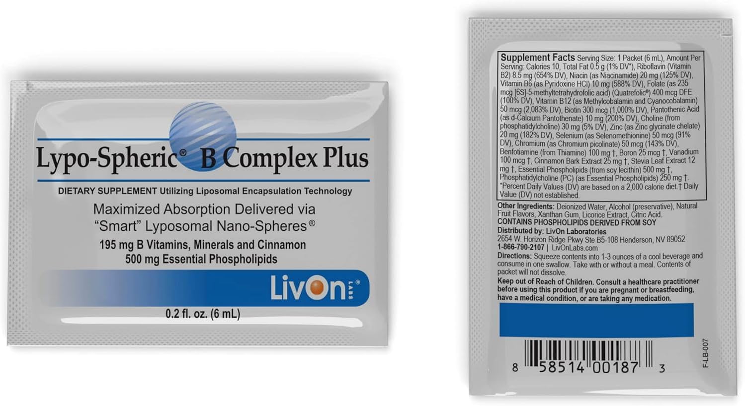 LivOn Laboratories Lypo-Spheric B Complex Plus – 30 sobres – Complejo B Liposomal con Minerales y Canela