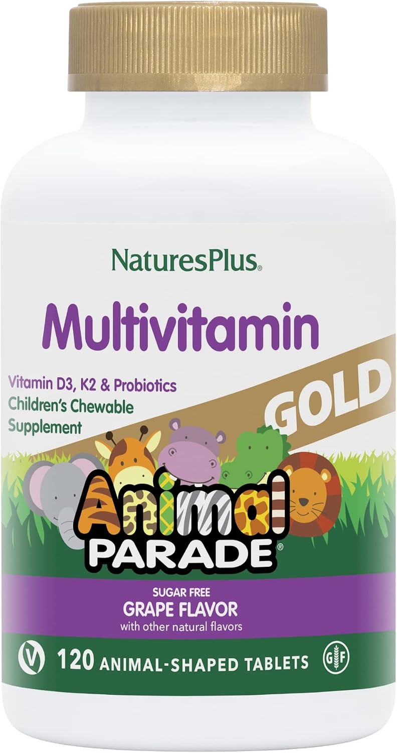 NaturesPlus Animal Parade Gold Multivitamínico Infantil, Sabor Uva, 120 Comprimidos Masticables