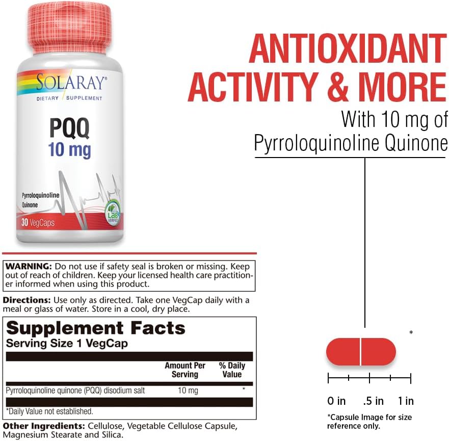 SOLARAY PQQ 10 mg, Suplemento de Pirroloquinolina Quinona, Apoyo a la Función Celular, Cardíaca y Cognitiva, 30 Cápsulas Vegetales