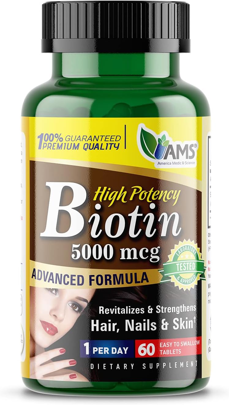 America Medic & Science Biotina 5000 mcg – Complemento de Vitamina B7 para Cabello, Piel y Uñas
