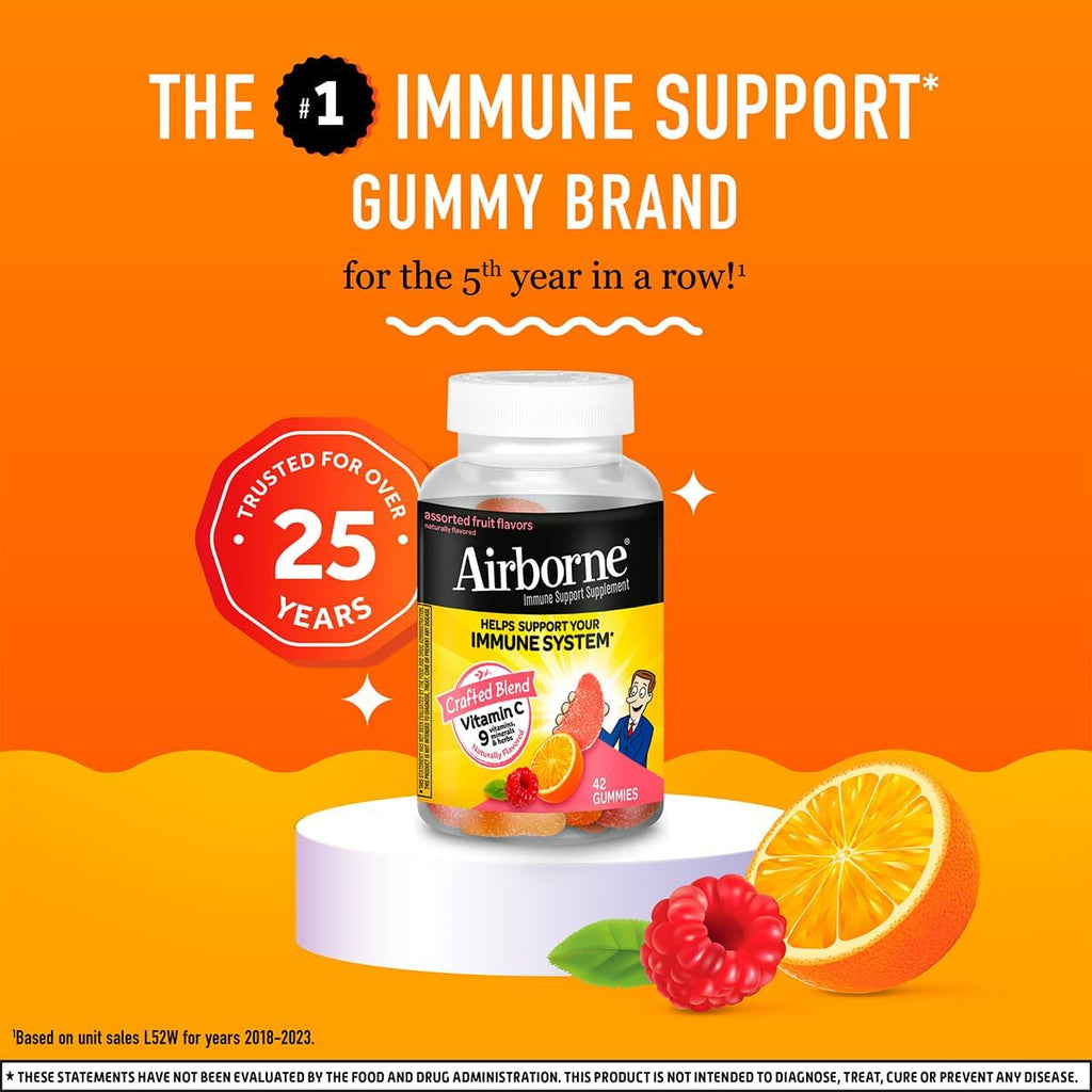 Airborne 750 mg Vitamina C Gomitas para el Apoyo Inmunológico, Sabor a Frutas Variadas, Sin Gluten, 42 Gomitas (2 Paquetes)