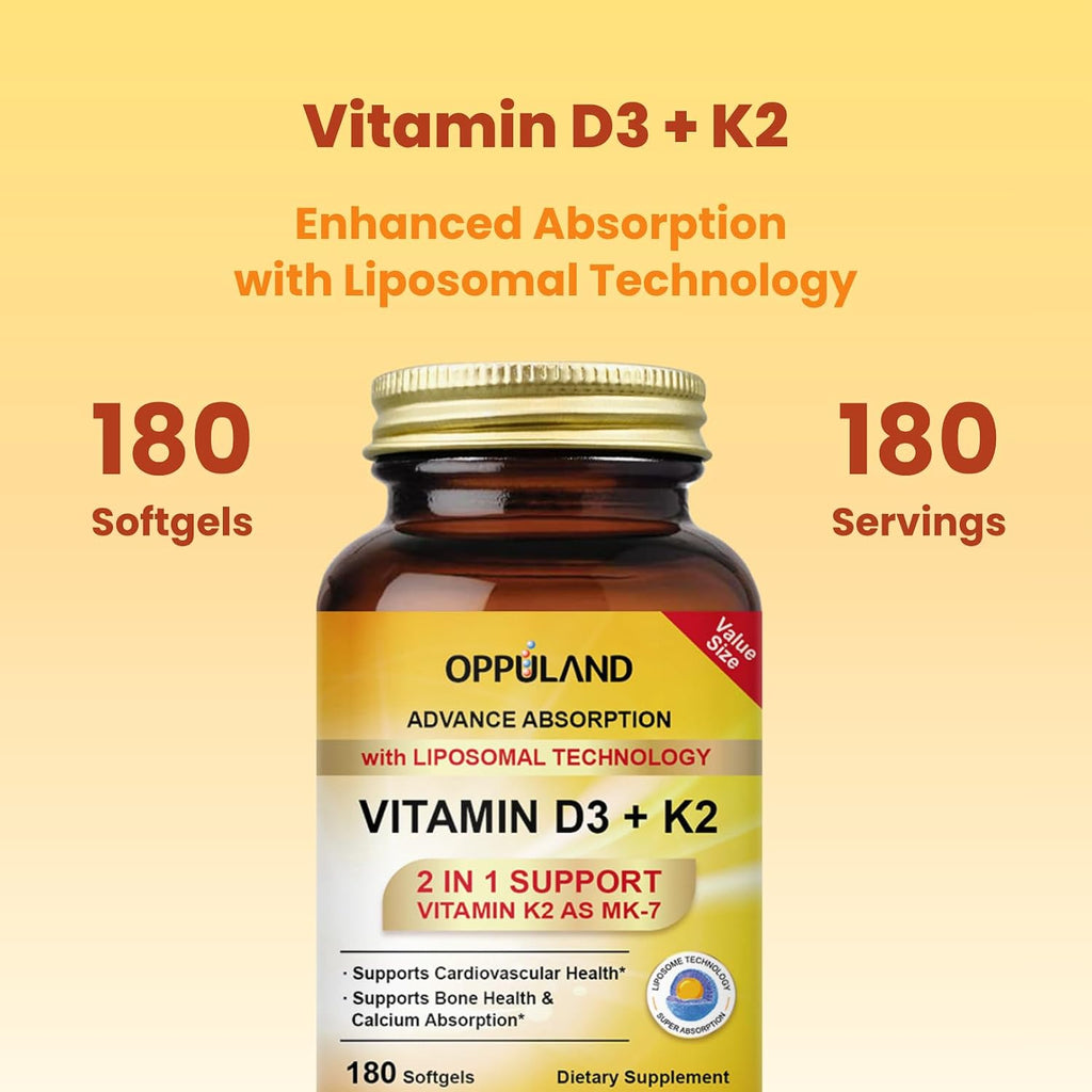 Oppuland Vitamina D3 + K2 5000 UI - Tecnología Liposomal - MK-7 Vitamina K2 100 mcg - Complemento para Huesos y Metabolismo del Calcio - 180 Cápsulas Blandas
