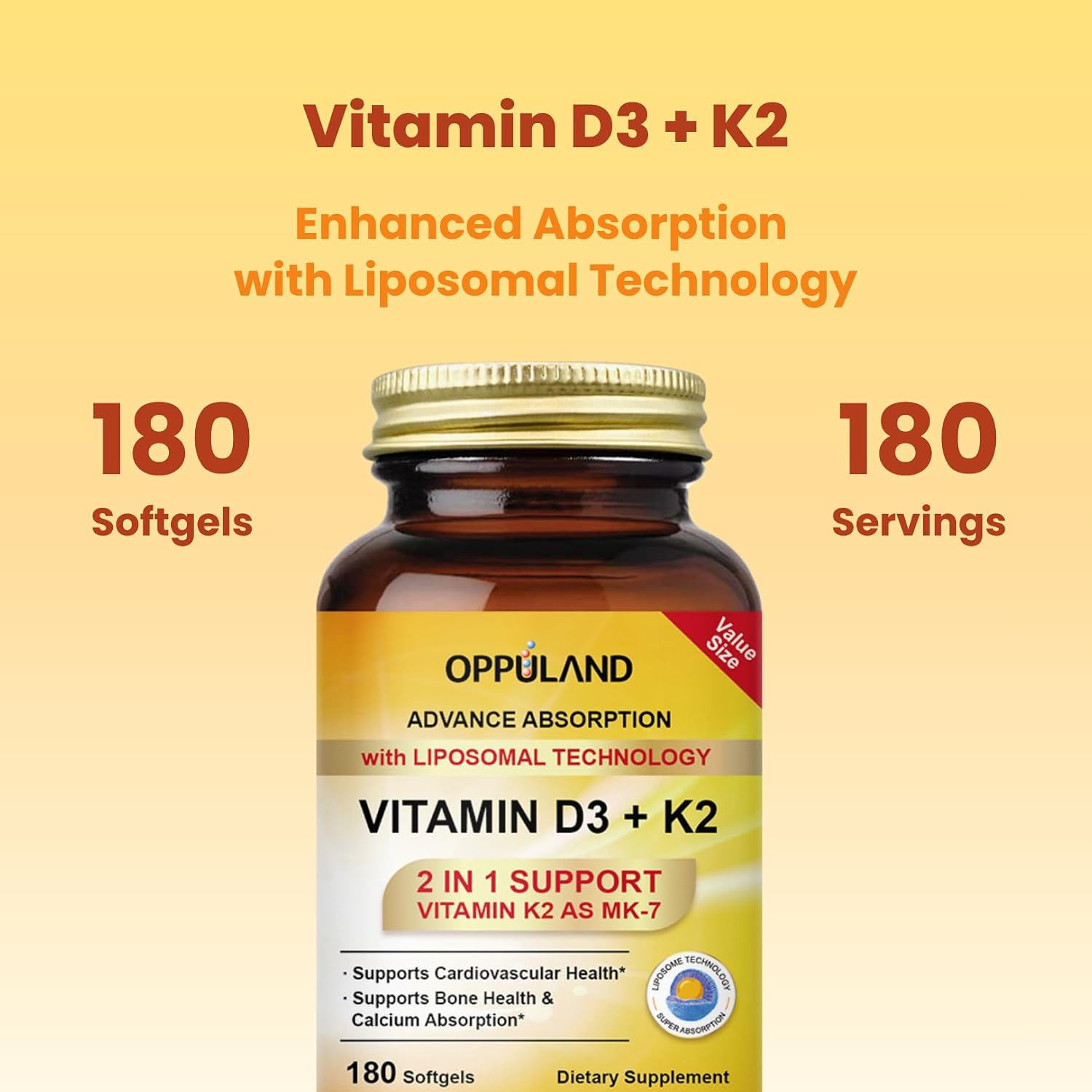 Oppuland Vitamina D3 + K2 5000 UI - Tecnología Liposomal - MK-7 Vitamina K2 100 mcg - Complemento para Huesos y Metabolismo del Calcio - 180 Cápsulas Blandas
