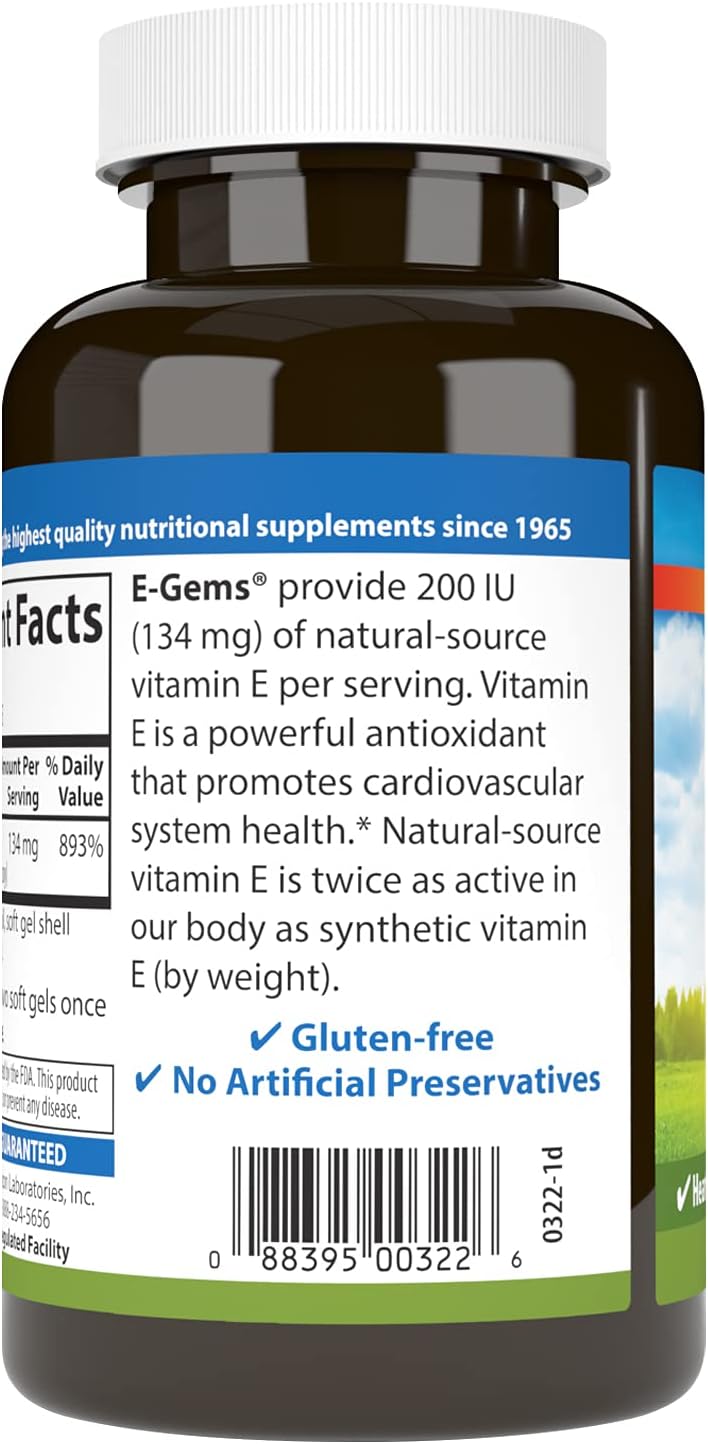 Carlson E-Gems 200 UI (134 mg), Vitamina E de Origen Natural, 250 Cápsulas Blandas