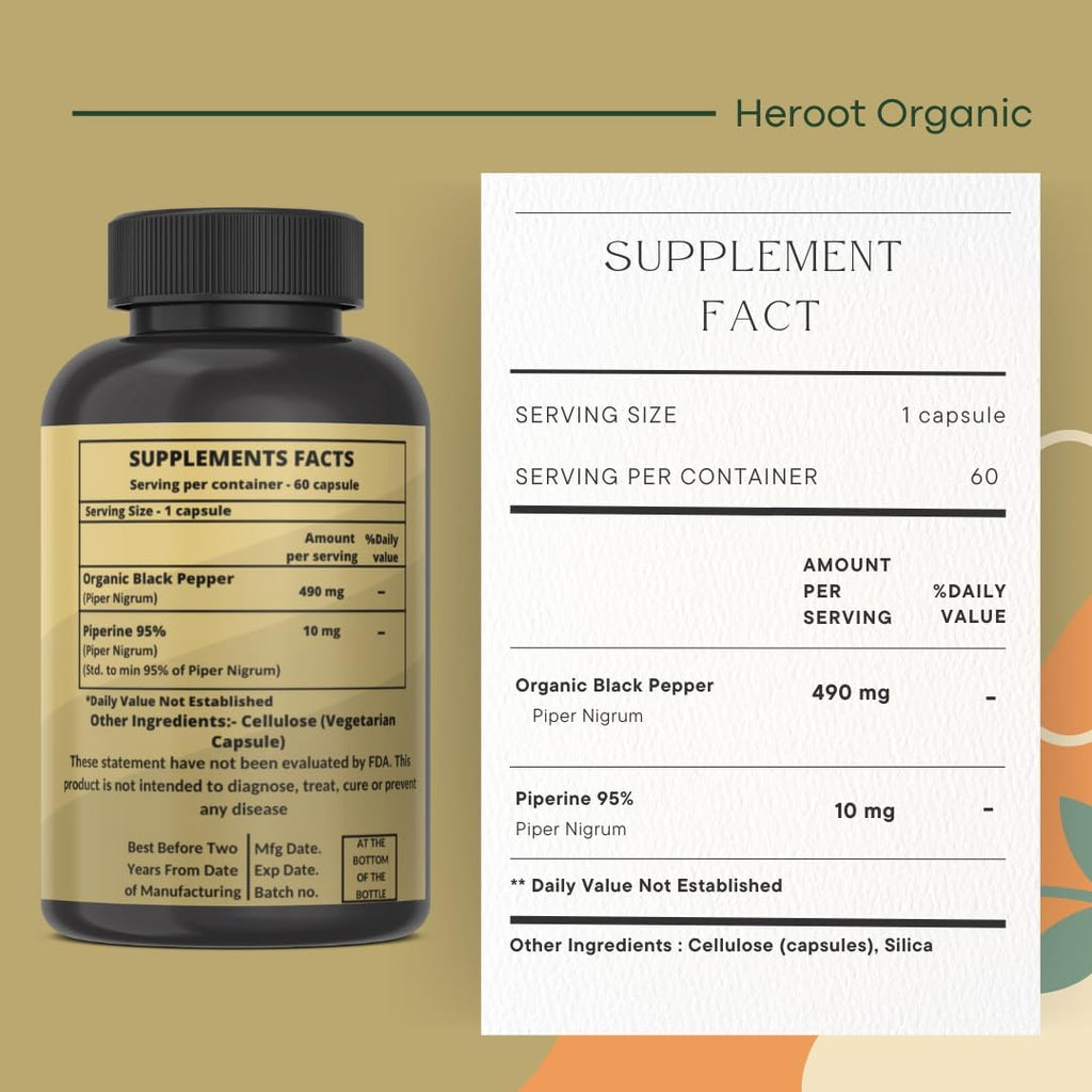 Heroot Piperina 95% (Piper Nigrum) 500 mg, 120 Cápsulas
