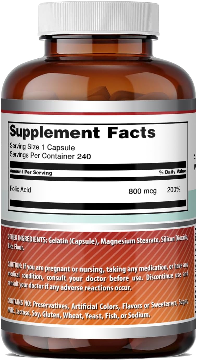 Amazing Formulas Ácido Fólico (Vitamina B9) 800 mcg - 240 Cápsulas - No-GMO, Sin Gluten
