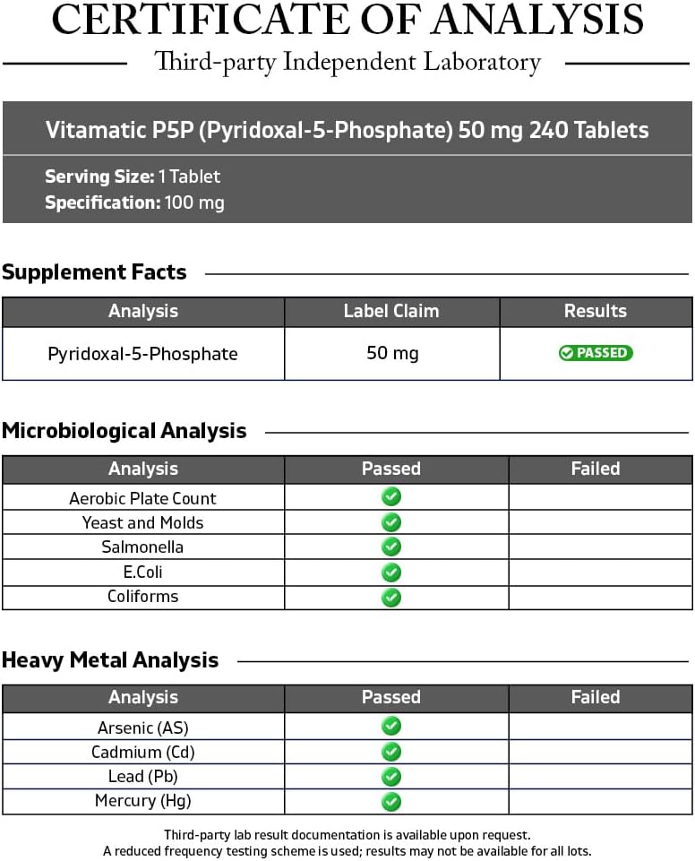 Vitamatic P5P 50 mg – Piridoxal-5-Fosfato – Forma Activa de Vitamina B6 – 240 Comprimidos