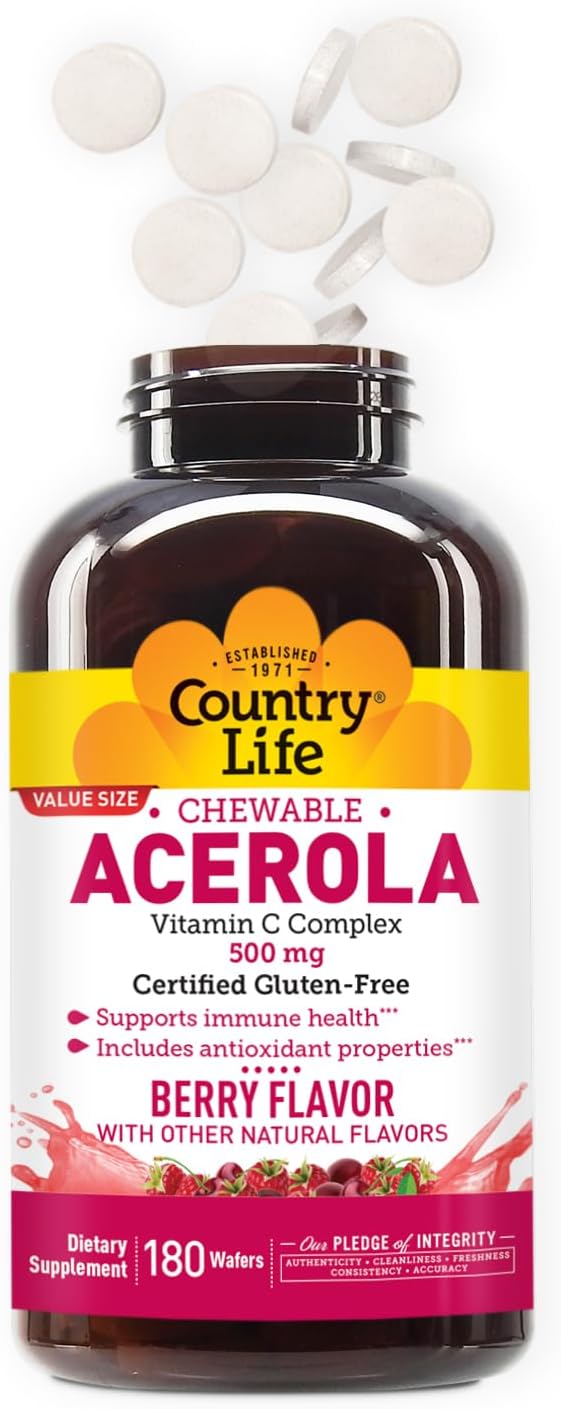 Country Life Complejo de Vitamina C con Acerola - 500 mg - 180 Obleas Masticables Sabor a Bayas