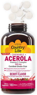 Country Life Complejo de Vitamina C con Acerola - 500 mg - 180 Obleas Masticables Sabor a Bayas