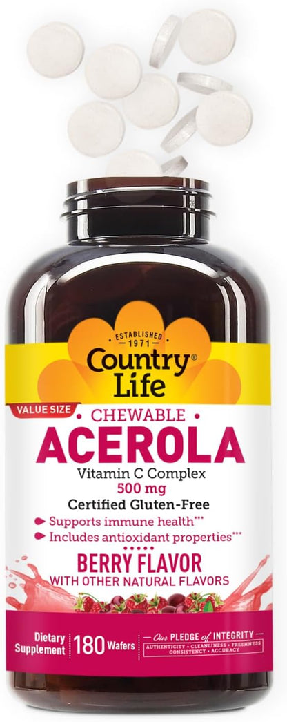 Country Life Complejo de Vitamina C con Acerola - 500 mg - 180 Obleas Masticables Sabor a Bayas – Image 6